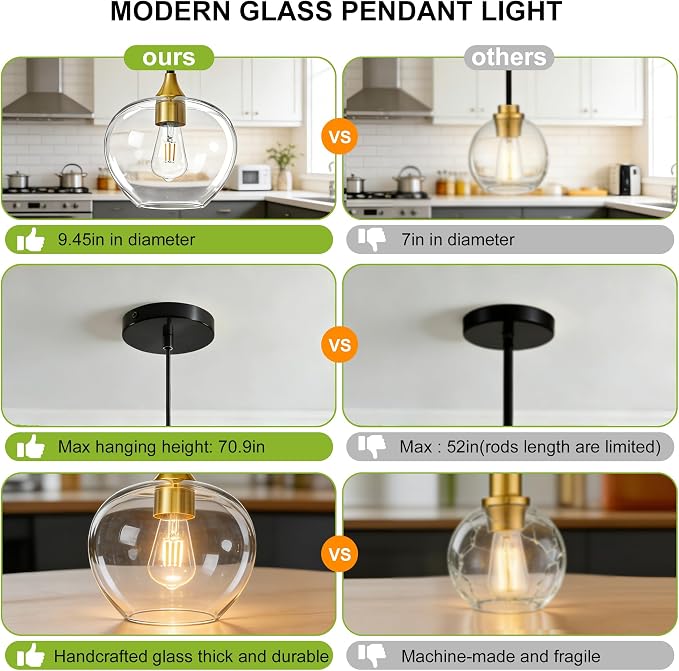 9.45in Black Gold Pendant Lights Kitchen Island with Clear Glass Shade 1PC | Handcrafted Glass Pendant Light Fixtures, UL Certified, E26 Base 100W Max, Height-Adjustable, Dimmable Hanging Pendant Light