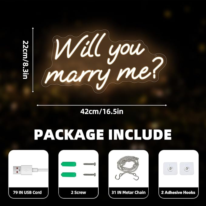 Will You Marry Me Neon Sign, Marry Me Light Up Letters for Wedding Proposal Decorations, Warm White, 16.5 x 8.3 inch