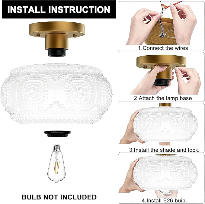 Semi Flush Mount Ceiling Light, Upgraded Larger Milk Glass Shade Modern Ceiling Light Fixture, Vintage Gold Lighting for Hallway Bedroom Entryway Kitchen Porch