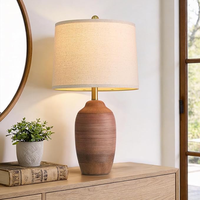 24.5" Reddish-Brown Handcrafted Ceramic Table Lamp with 5FT Cord,Single Farmhouse Vintage Rustic Lamp with Linen Drum Shade, Earth Tone Bedside Lamp for Bedroom Living Room Entryway,Bulb Not Included