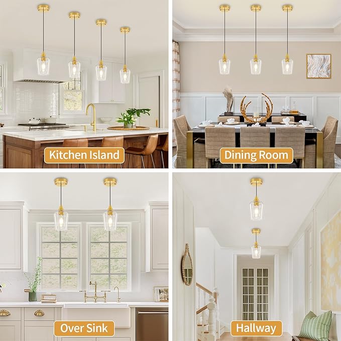 3-Pack Modern Pendant Lights Kitchen Island Brushed Gold Glass Pendant Lighting Over Island Kitchen Hanging Light Fixtures Adjustable Pendant Lights for Dining Room Bathroom Bedroom