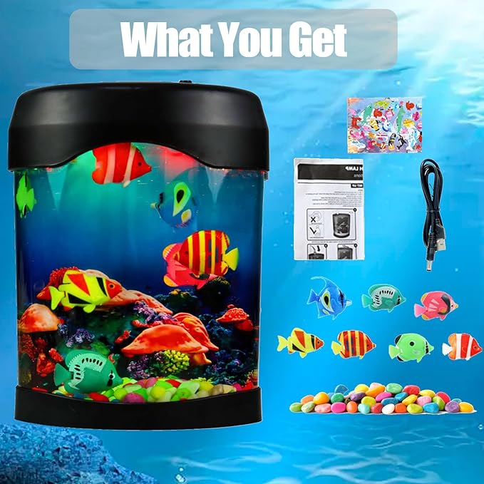 Toycol Fake Fish Lamp, LED Aquarium Sensory Light with 6 Color Changing and 7 Fake Fish, Mood-Relaxing Night Light, Exquisite Decoration for Office, Room and Party, Gifts for Kids and Adults