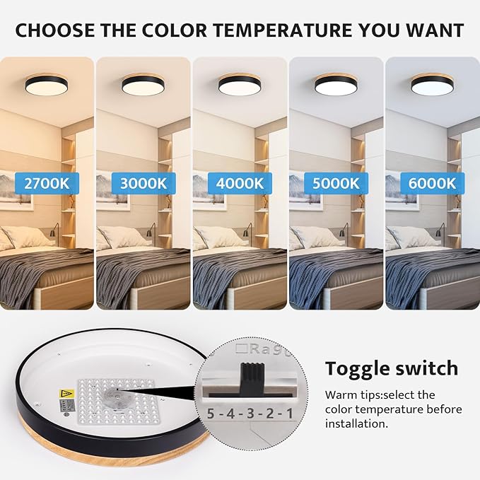 Modern Wood Oak Black Flush Mount Ceiling Light Dimmable LED Ceiling Light Fixture Minimalist Circle Close to Lighting Lamp for Kitchen Bathroom Bedroom Laundry Room, 11.8''