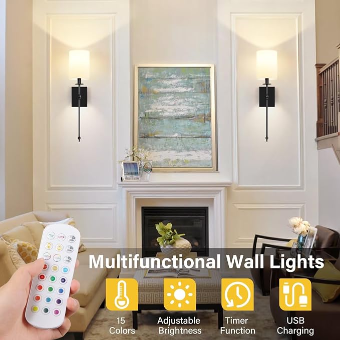 Battery Operated Wall Sconces Set of 2, Rechargeable Sconces with Remote | Black Wall Lights with White Fabric Shade, Dimmable Wireless Wall Lamp with RGBWW Bulbs for Bedroom Living Room Hallway Decor