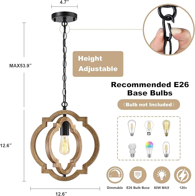 2-Pack Farmhouse Pendant Light Fixtures, Wood Grain Hanging Lights for Kitchen Island, Adjustable Height, E26 Base, Sloped Ceiling Compatible, Rustic Ceiling Light