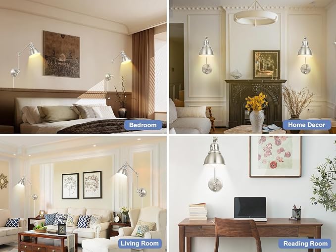 2 Pack Plug in Wall Sconces, Dimmable On Off Switch, Swing Arm Wall Lamps, Wall Sconces Set of Two, Brushed Nickel Metal Industrial, Plug-in or Hardwired (Brushed Nickel, without Bulbs+Remote)