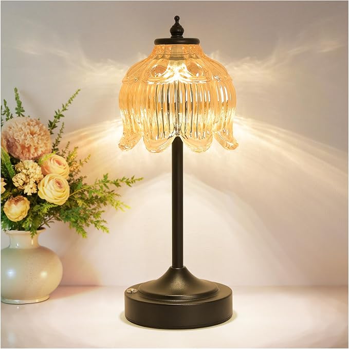 Cordless Table Lamp, Rechargeable Amber Glass Lotus Flower Lamp | 5200mAh touch lamp with 3 color modes and stepless dimming, battery operated lamp for nightstands and kitchen counters