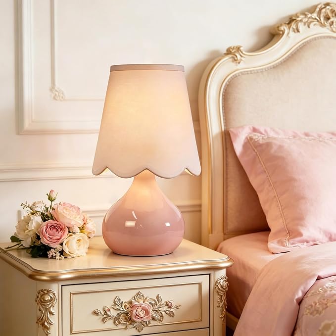 ILLMTW Pink Table Lamp Set of 2,Small Gold Bedside Lamps Dimmable Boho Bedroom Lamp with Tulip Flower Glass Lamp Shade,Vintage Mid Century Modern Mini Nightstand Lamp for Bedroom Living Room
