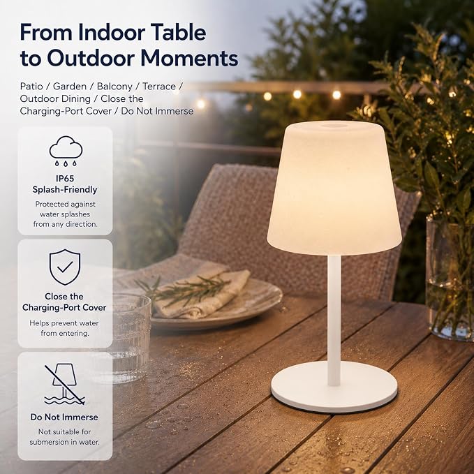 IP65 Waterproof Shower Lamp, Cordless Rechargeable Table Lamp, White | Bathroom To Bedside Glow, Touch-Dim Comfort, 4000mAh USB-C Ease, 12-24H Light, 3 Light Moods, 2-Height Fit