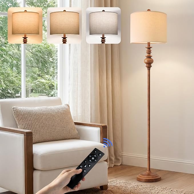 BOBOMOMO 64.25" Farmhouse Floor Lamp with Remote, Dimmable Floor Lamp with Adjustable Color Temperatures, Tall Rustic Standing Lamp for Living Room Corner, Bedroom & Nursery, 9W Bulb Included,Brown