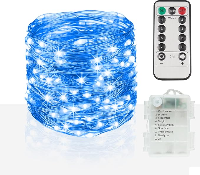 33ft 100 LED Outdoor String Lights, Blue Fairy Lights Battery Operated with Remote, Led Twinkle Lights for Bedroom, Backyard, Wedding, Tree, Mason Jar, Wall, Centerpiece, Christmas