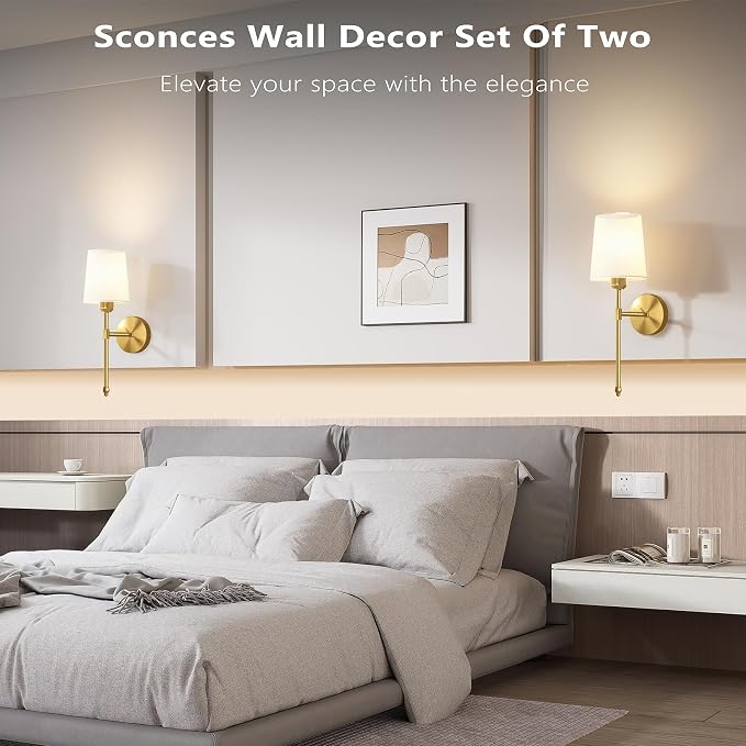 Battery Operated Wall Sconces Set of 2, Wireless Rechargeable Dimmable Wall Light with 5600mAh RGB Bulb and Remote for Bedroom, Living Room, Hallway, Gold, 24in