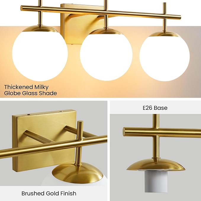 Gold Bathroom Light Fixtures, 3-Light Bathroom Vanity Light Over Mirror, Modern Vanity Lighting Fixtures with Milky White Globe Glass Shade, 22.4 inch Wall Sconce Light (Exclude E26 Bulb)