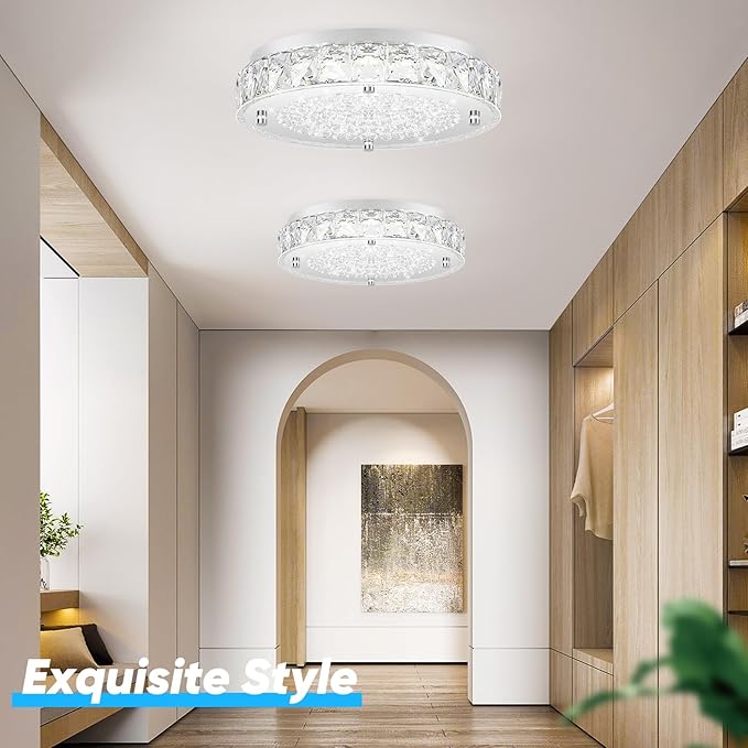 Crystal Flush Mount Chandeliers, LED Ceiling Light Fixture 13-Inch, 5000K Daylight White Super Bright 3300LM Dimmable Farmhouse Kitchen Light Modern Ceiling Lamp for Bedroom Bathroom Nursery