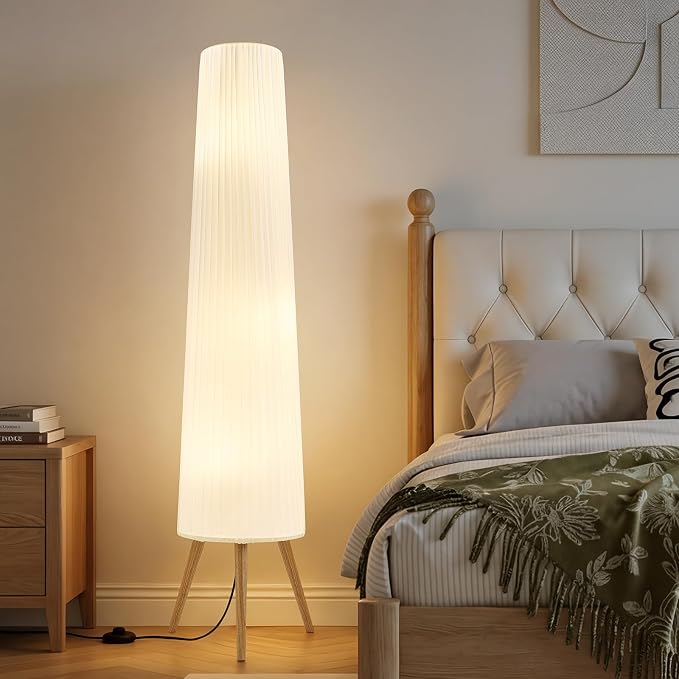 60 Inch Wood Floor Lamp, White Cloth Shade, Color Temperature Adjustable Softlighting Corner Lamp, 3 Bulbs Standing Lamp, Creative Ambient Light for Living Room Bedroom&Office-Bulbs Included