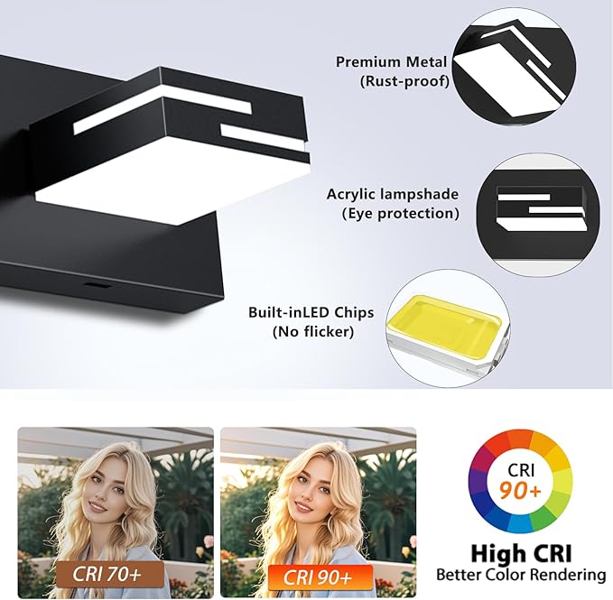 LED Modern Bathroom Vanity Light Fixtures, 6-Light 40-inch Dimmable Matte Black Vanity Lights for Bathroom Lighting Fixtures Over Mirror, with 350° Rotatable Acrylic Heads (Cool White 6000K)