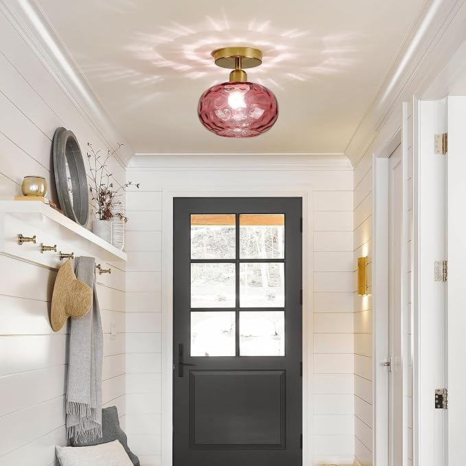 Luafac 7.9″ Small Semi Flush Mount Ceiling Light,Red Hallway Light Fixtures | Art Deco Hammered Glass,Whimsical,Vintage Gold Mid Century MCM Lighting for Closet Cottage Entryway Laundry Room Foyer
