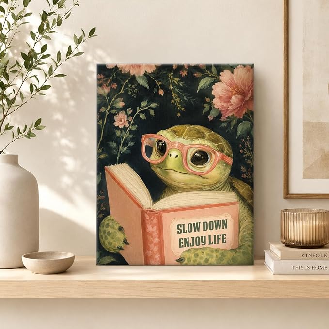 NSFBESSLIA Funny Reading Turtle Painting, Whimsical Floral Animal Decor, Slow Down Enjoy Life, Vintage Cottagecore Wall Art for Living Room Bedroom Entryway, 8x10 Inch