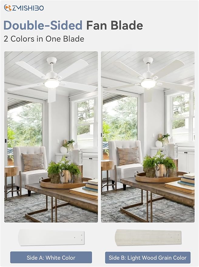 ZMISHIBO 2 Pack 52" Ceiling Fan with Light and Remote, White Modern Indoor | 24W 2400LM Bright LED, 3CCT, Dimmable, App Control, Farmhouse Dual Finish Blades, Quiet&Strong Motor for Bedroom, Living Room