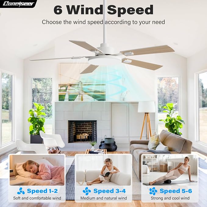 60 Inch Ceiling Fans with Lights and Remote, Bedroom Living Room Office Library Cafe Outdoor Industrial, 5CCT Dimmable, Dual Color 5 Blades, 6 Speed Reversible Quiet DC Motor, White/Wood Grain