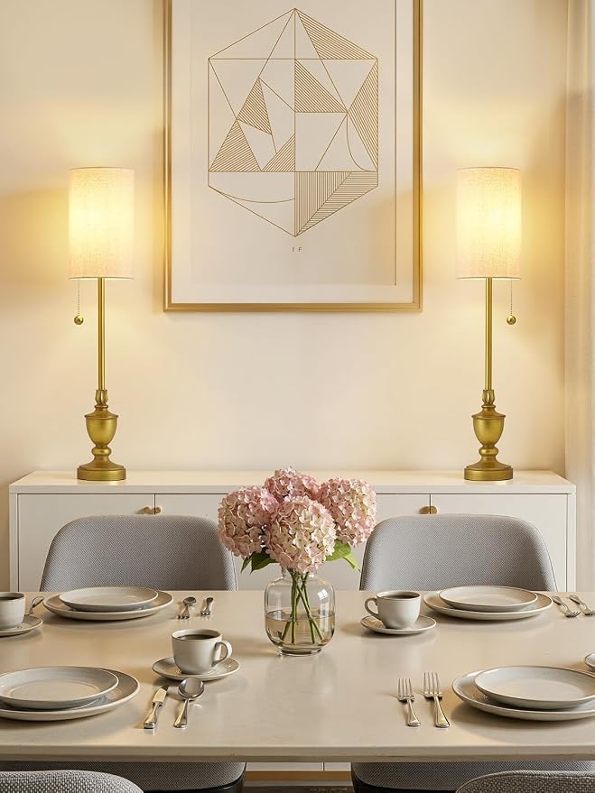 EJIAXIN Buffet Table Lamps Set of 2-28" Tall Skinny Brass Finish Resin Table Lamp for Living Room - Farmhouse Candlestick Lamp with Pull Chain for Console Table,Dining Room,Entryway,Hallway,Bedside