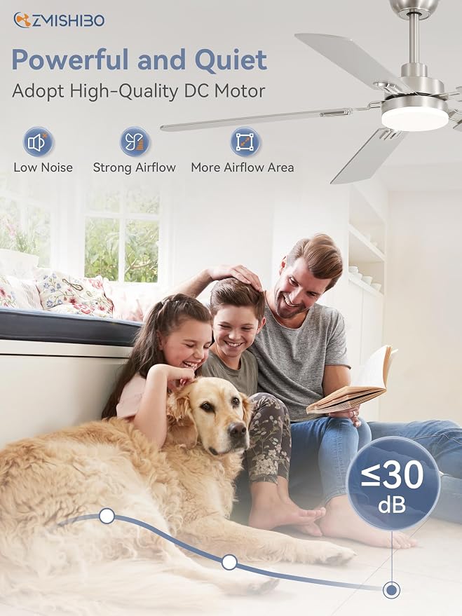 ZMISHIBO 52" Ceiling Fans with Lights and Remote, Nickel Modern for Indoor | 24W 2400LM Bright LED, 3CCT, Dimmable, App Control, Farmhouse Dual Finish Blades, Quiet&Strong Motor for Bedroom, Living Room