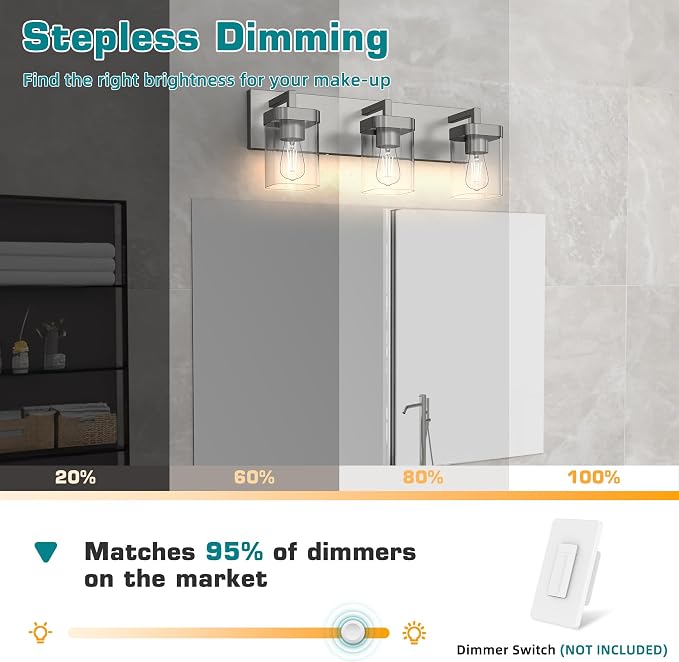 3-Light Bathroom Light Fixtures, Brushed Nickel Vanity Lights for Bathroom, Kitchen, Living Room, Modern Bathroom Vanity Lights with Clear Glass Shades