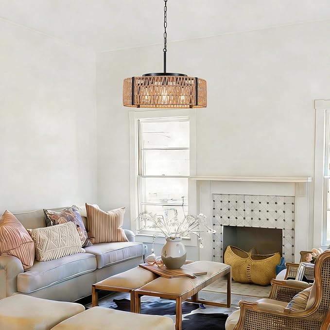 Large Farmhouse Rattan Chandelier, 5-Light 21.6”Boho Chandeliers Light Fixture with Rustic Wicker Hand Woven Pendant Light for Living Room,Kitchen Island Bedroom(E26 Bulbs Not Included)