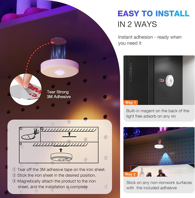 RGB Puck Lights with Remote Control,Under Cabinet Lighting,white,3 PCS | 2000mAh Battery Operated Tap Lights Rechargeable, 9 Colors & 2 Dynamic Changing, Magnetic Stick on Light for Closet