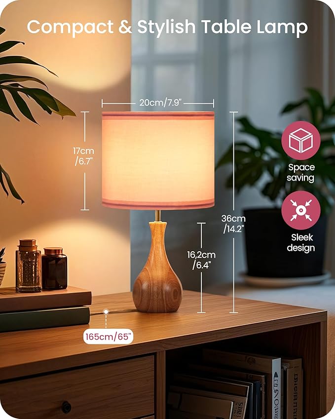 Small Table Lamp, 14.2" Cute Little Desk Lamp with Wood Bottle-Shaped Base & Pink Linen Lampshade, Bedside Lamp with Cable, E26 Base, Bulb Not Included, for Bedroom, Natural MP09TL05