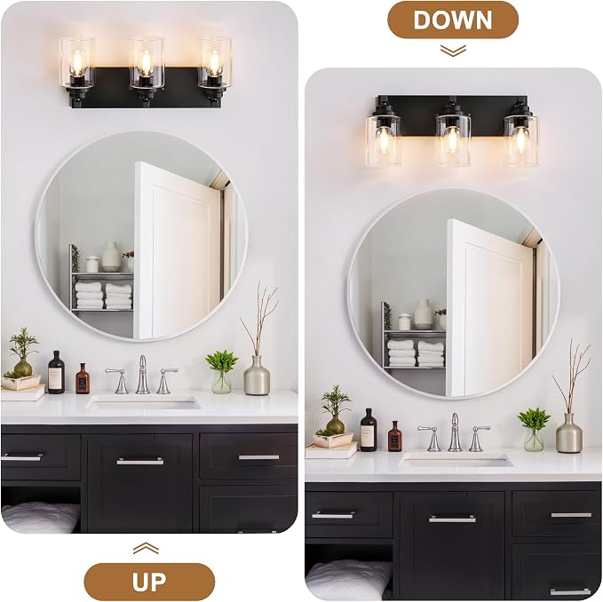 3-Light Matte Black Bathroom Vanity Light, Clear Glass Shade | 18.8" Wall Mount Over Mirror Lighting Fixtures, Durable Metal, Modern Farmhouse Style, for Bathroom, Bedroom, Easy To Install