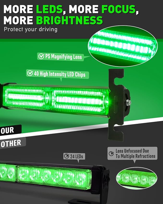 HLauto 1002L Emergency Strobe Traffic Advisor Light Bar: 40 LED Dash Safety Warning Flashing Light, Front/Rear Windshield Visor Lights for Construction Vehicle, Tow/Plow Truck (2x10.7inch, Green)