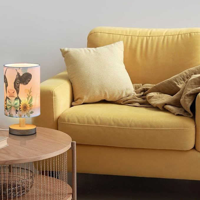 Floral Cute Baby Cow Daisy Sunflower Bedside Table Lamps with USB Port for Bedroom LampSmall Nightstand Lamp Sturdy Linen Shade Wooden Base Decorative Lamps for Nursery Kids Reading Dorm Home