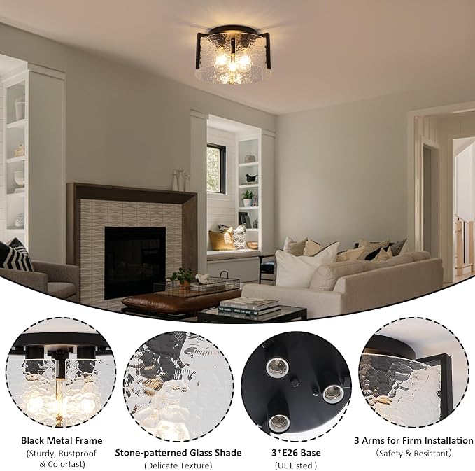 Black Flush Mount Ceiling Light Fixture, 3 Light Modern Entryway Light Fixture Ceiling Mount, Close to Ceiling Light Fixtures, Kitchen Lighting Fixtures Ceiling Lights for Bedroom Bathroom Hallway