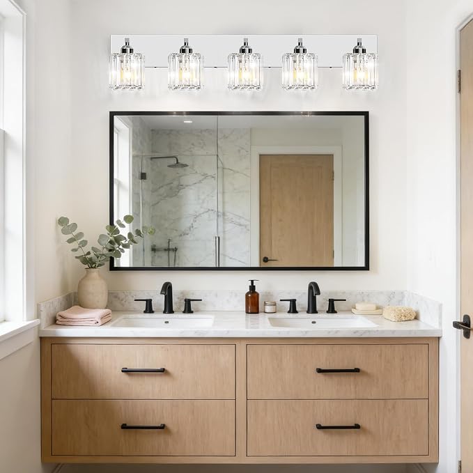 Brushed Chrome Crystal Bathroom Vanity Light, 5-Light Modern Bathroom Lighting Fixtures Over Mirror,Chrome Wall Sconce Light Fixtures with Square Shade