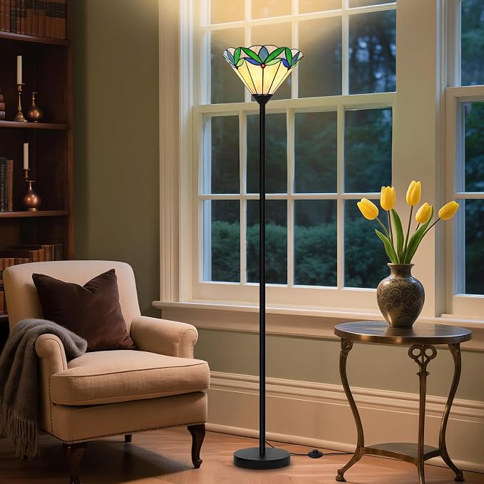 Stained Glass Floor Lamp with Tree Leaf Pattern, Vintage Style Torchiere Floor Lamp, Tall Corner Pole Lamp with Foot Switch, Antique Decorative Standing Reading Light for Living Room Bedroom(E26 Base)