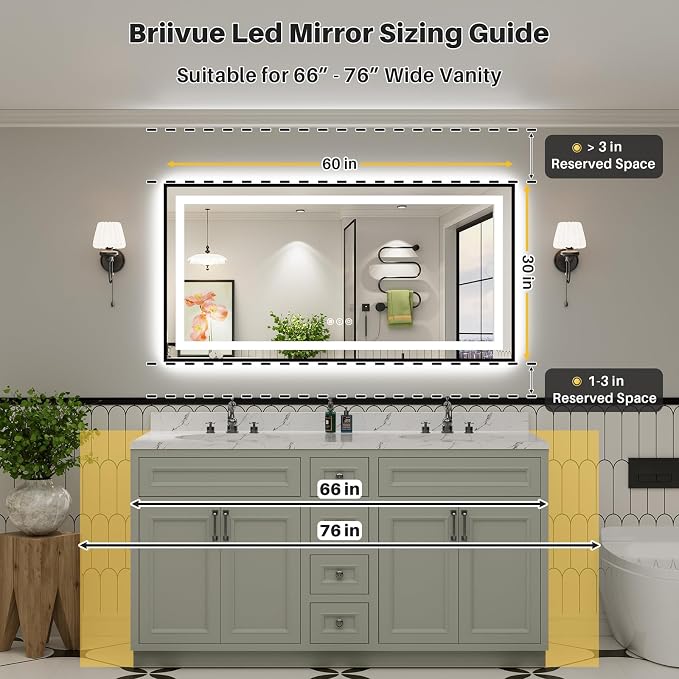 60x30 Inch LED Bathroom Mirror with Black Frame, Backlit & Front Lit | Anti-fog, 3 Color Dimmable, Memory Function, HD Reflection Tempered Glass, ETL Listed, IP54 Waterproof
