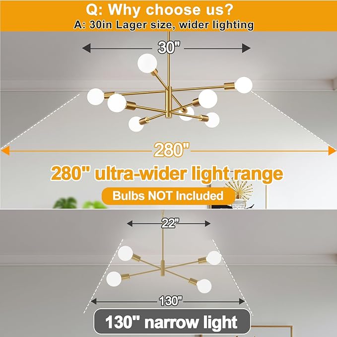 30" Modern Chandelier Ceiling Light Fixture, 8-Light Sputnik Chandeliers Brushed Gold Mid Century Chandelier Over Table, Height Adjustable Chandeliers for Dining Room Kitchen (Bulbs Not Included)
