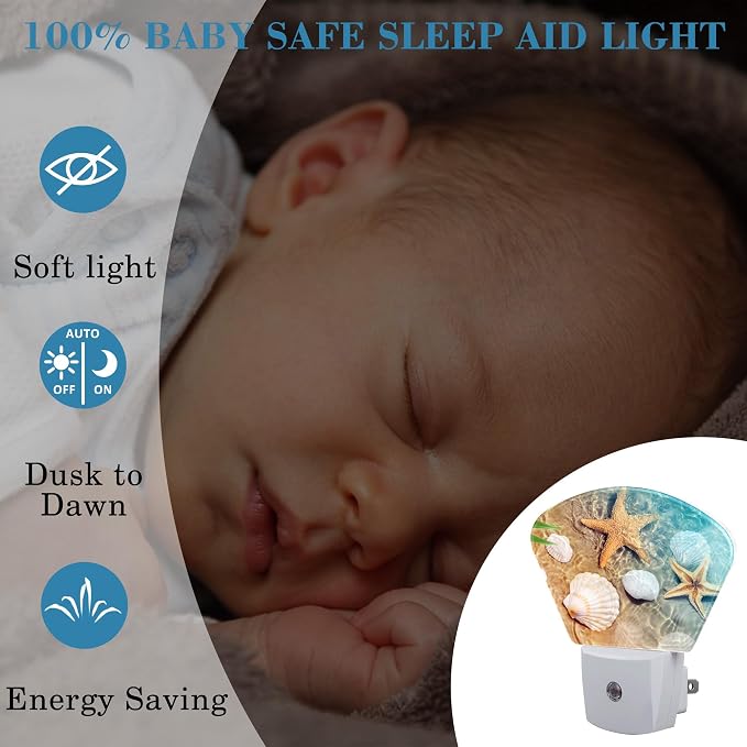 Starfish and Seashell Night Light for Kids, Beach in Sea Water LED Night Light Plug into Wall with Dusk to Dawn Sensor for Girls Boys Women Men Room, Hallway, Kitchen, Bathroom, Stairs Decor