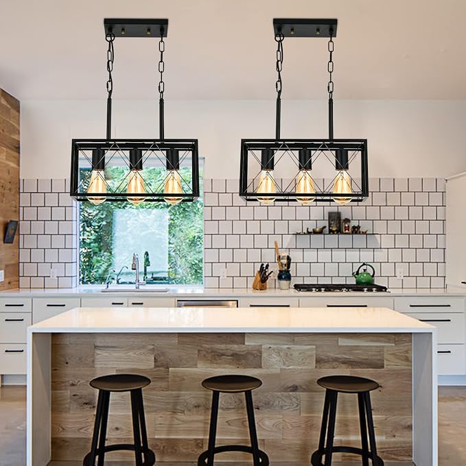 KEESFU Black 3-Light Farmhouse Chandelier, Dining Room Light Fixture | Farmhouse Dining Room Light Fixture with Adjustable Height, Kitchen Island Pendant for Dining Table & Over Sink, Living Room