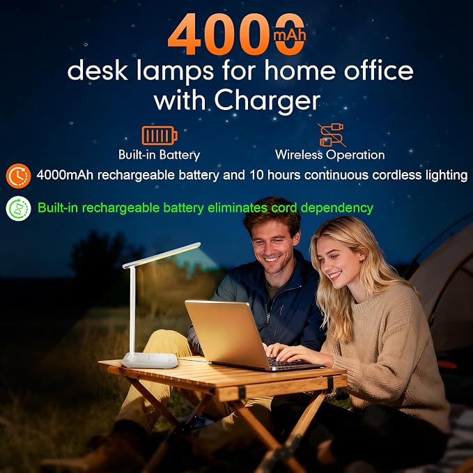 LED Portable Bright Rechargeable Desk Lamp, 4000mah Dimmable Touch Battery Operated Eye-friendly Desk Light With Charger, Adjustable Modern Cordless Table Lamps For Office Home Nail Craft Puzzle White