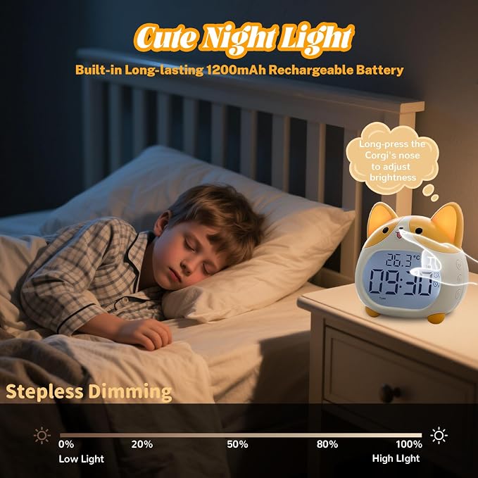 AVEKI Alarm Clocks for Kids - Cute Dog Clock with Night Light, 6 Alarm Tones, Snooze, Timer, Date and Temperature Display - Rechargeable Battery Operated Digital Clocks for Bedroom Kids Room (Corgi)