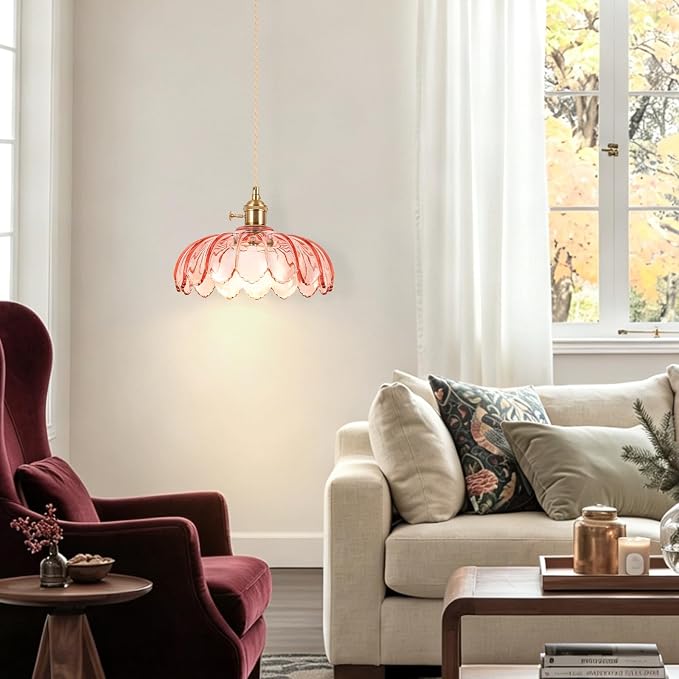Battery Operated Pendant Light,Pink Vintage Light Fixtures RGB Rechargeable Light Bulb 2500mAh 9.8in with Remote Control Wireless Adjustable Chandelier for Kitchen Island Hallway 1 Light