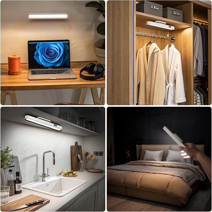 Under Cabinet Lighting, 2600mAh Rechargeable Mirror Light, 3 Colors Adjustable Magnetic Dimmable Closet Lights with Battery Level Display, Wireless Under Counter Lights for Kitchen, Bedside