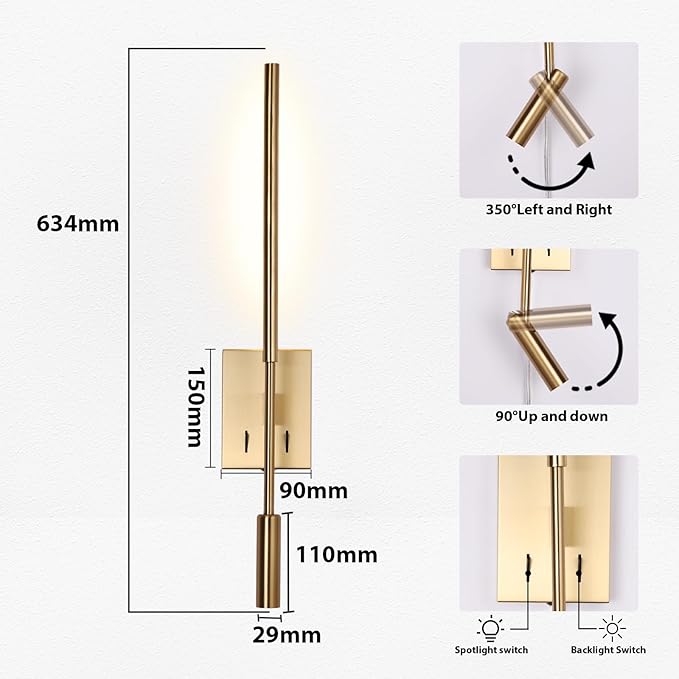 Modern Plug in Wall Sconce Indoor Ambient Lighting for Bedroom, Gold LED Wall Mounted Reading Lamp with Switch, Corded Minimalist Linear Wall Light with 5.9FT Clear Cord for Living Room Corner Hallway