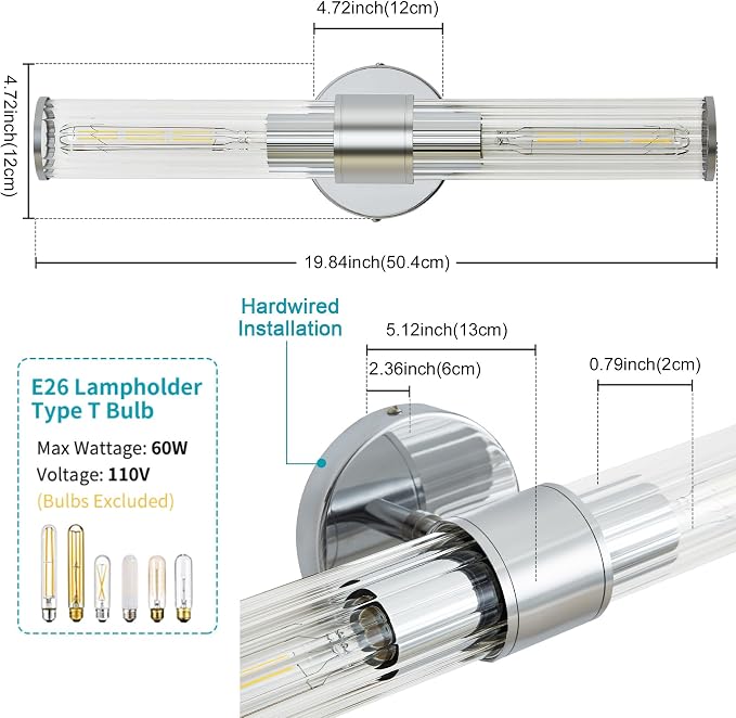 Hardwired Chrome Bathroom Vanity Light Threaded Glass Wall Sconce | Up & Down Bidirectional Lighting, Damp Rated For Bathrooms, Dimmable, 5-Year Manufacturer Warranty, UL Certification