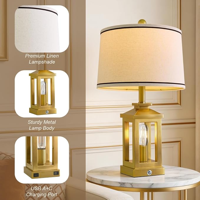 24" Table Lamps for Living Room Bedroom Modern Gold Bedside Lamps Set of 2 Nightstand Lamps for Night Stands 3 Way Dimmable Touch Lamp with USB C+A Ports and 2 Light Sources, 4 Bulbs Includes