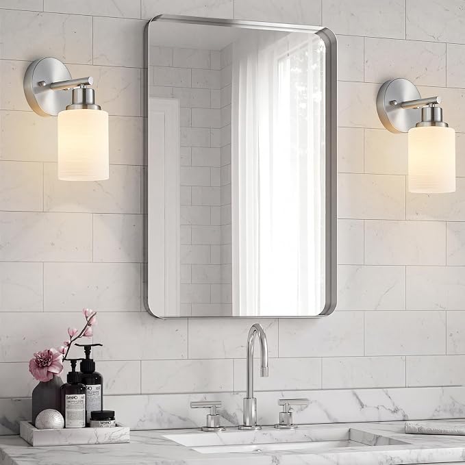 2-Pack 1-Light Vanity Lights, Brushed Nickel Bathroom Light Fixture with Textured Milky White Glass Shade, E26 Modern Vanity Lighting Fixture for Bathroom Wall Sconce