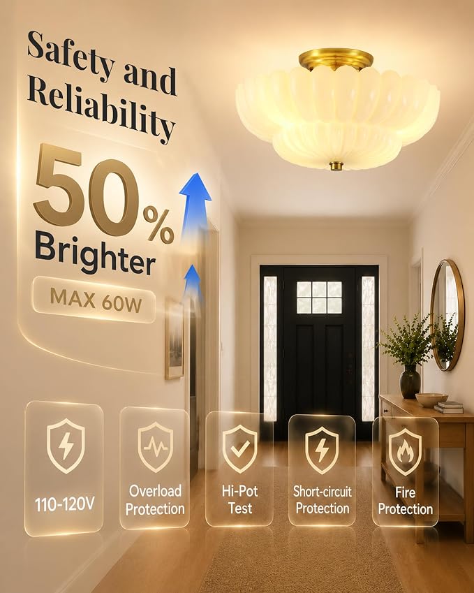 Semi Flush Mount Ceiling Light Fixture 14" Vinatge Gold Ceiling Lights Mid Century Modern Milk White Glass Close to Ceiling Lighting Fixtures for Bedroom Hallway Kitchen Laundry Room Bathroom