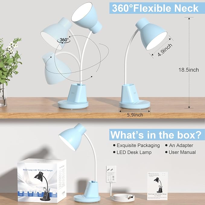 10W Wireless Charging LED Desk Lamp with Pen Holder, CRI 95, Blue | 800LM, 3 Modes, 360°Flexible Arm, Touch, Brightness, Table Lamp for Home Office, Dorm, Bedside, Study, Reading, with Adapter